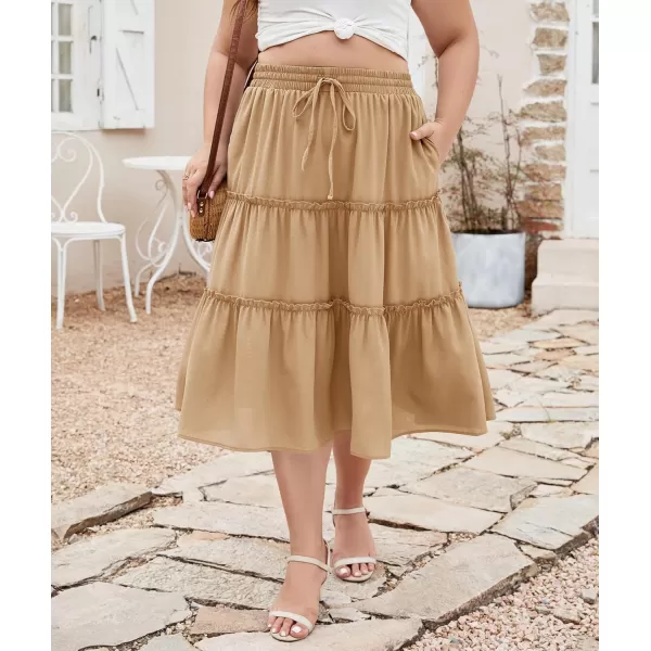 LALAGEN Womens Plus Size Boho Midi Skirt Elastic High Waist Summer Flowy A Line Long Midi Skirt with PocketsKhaki