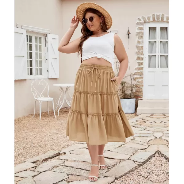 LALAGEN Womens Plus Size Boho Midi Skirt Elastic High Waist Summer Flowy A Line Long Midi Skirt with PocketsKhaki