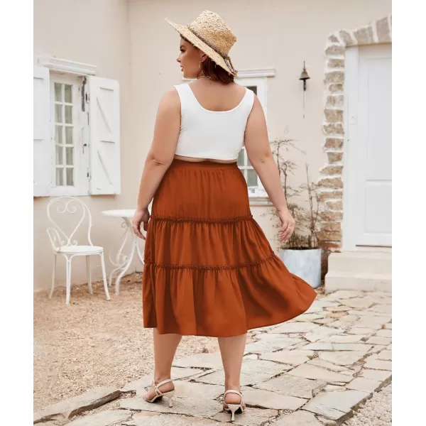 LALAGEN Womens Plus Size Boho Midi Skirt Elastic High Waist Summer Flowy A Line Long Midi Skirt with PocketsOrange