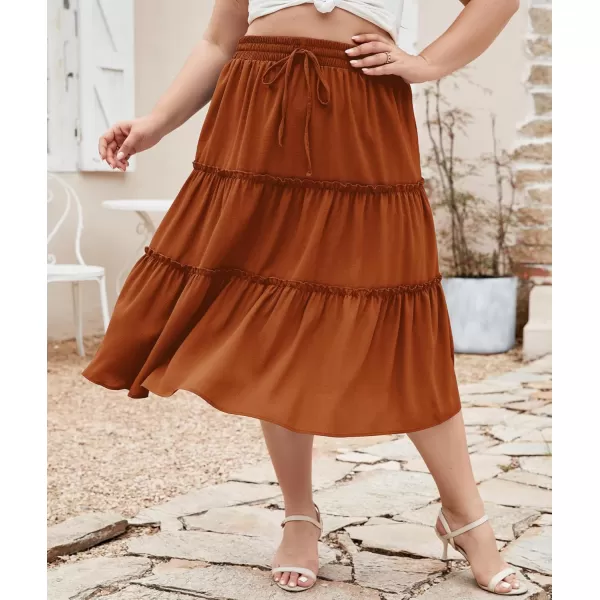 LALAGEN Womens Plus Size Boho Midi Skirt Elastic High Waist Summer Flowy A Line Long Midi Skirt with PocketsOrange