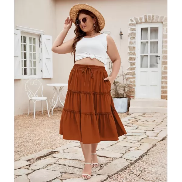 LALAGEN Womens Plus Size Boho Midi Skirt Elastic High Waist Summer Flowy A Line Long Midi Skirt with PocketsOrange