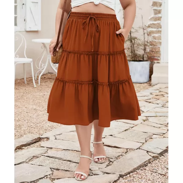 LALAGEN Womens Plus Size Boho Midi Skirt Elastic High Waist Summer Flowy A Line Long Midi Skirt with PocketsOrange