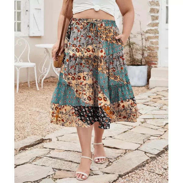 LALAGEN Womens Plus Size Boho Midi Skirt Elastic High Waist Summer Flowy A Line Long Midi Skirt with PocketsSplice Floral