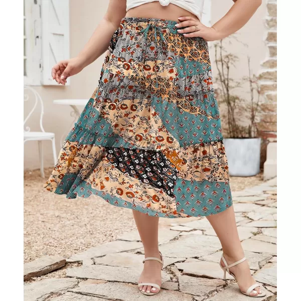 LALAGEN Womens Plus Size Boho Midi Skirt Elastic High Waist Summer Flowy A Line Long Midi Skirt with PocketsSplice Floral