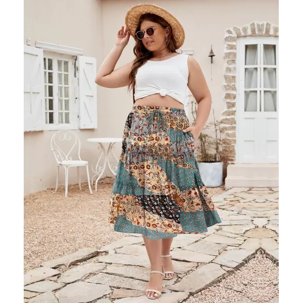 LALAGEN Womens Plus Size Boho Midi Skirt Elastic High Waist Summer Flowy A Line Long Midi Skirt with PocketsSplice Floral