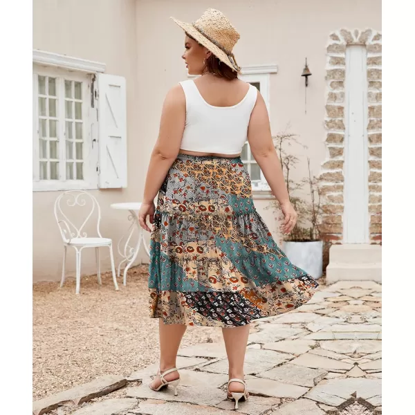 LALAGEN Womens Plus Size Boho Midi Skirt Elastic High Waist Summer Flowy A Line Long Midi Skirt with PocketsSplice Floral