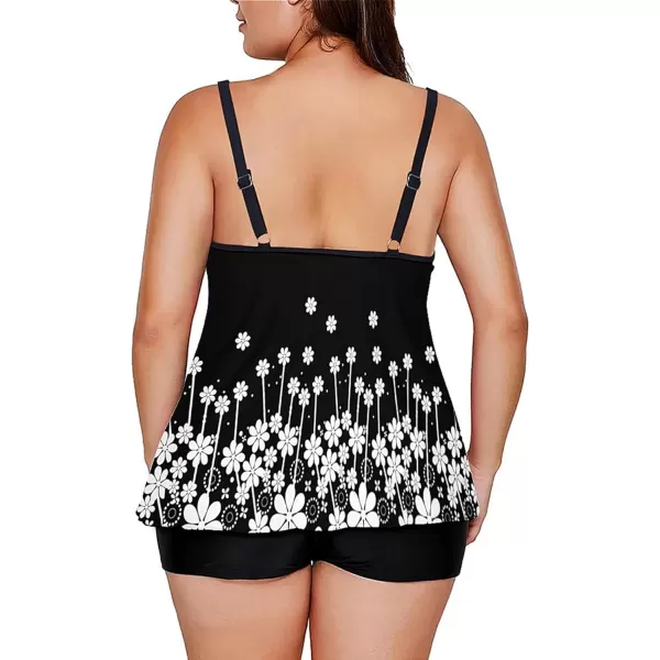 LALAGEN Womens Plus Size Tankini Swimsuit Two Piece Bathing Suits Swim Tank Top with Boy ShortZblack White Flowers