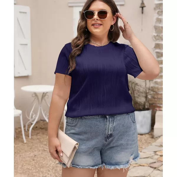 LALAGEN Womens Plus Size Work Tops Summer Crew Neck Short Sleeve Textured Tunic Business Casual T Shirt Basic Top BlouseNavy Blue