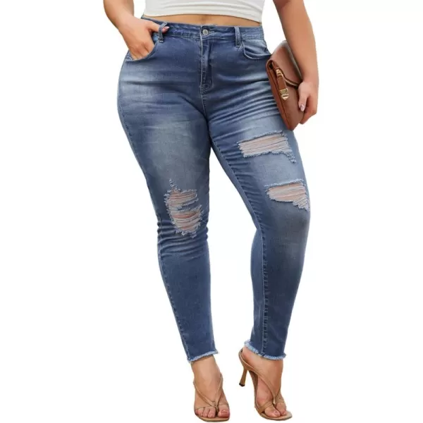 LALAGEN Women 2024 Plus Size Skinny Jeans Stretchy High Waisted Ankle Jean Destroyed Ripped Denim PantsBlue