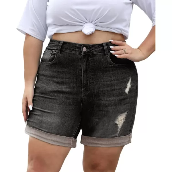 LALAGEN Women Plus Size Jean Shorts Stretchy High Waisted Distressed Ripped Denim Shorts Trendy Summer Casual JortsBlack