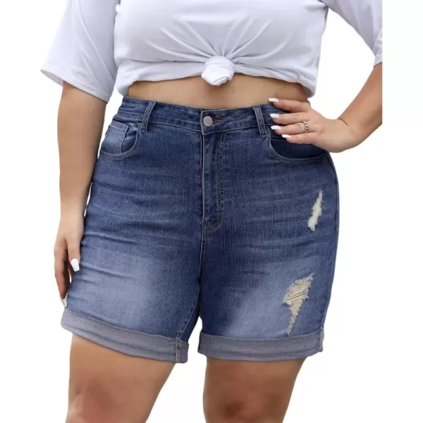 LALAGEN Women Plus Size Jean Shorts Stretchy High Waisted Distressed Ripped Denim Shorts Trendy Summer Casual JortsBlue