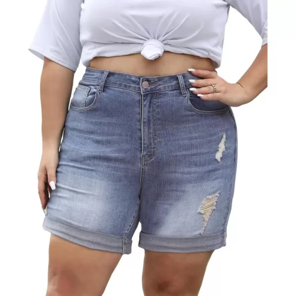 LALAGEN Women Plus Size Jean Shorts Stretchy High Waisted Distressed Ripped Denim Shorts Trendy Summer Casual JortsLight Blue