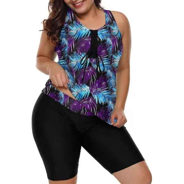 LALAGEN Womens 2024 Plus Size Tankini Swimsuit Rash Guard Capris Athletic Two Piece Swimwear Bathing Suits for Women S5XBlue Purple Leafs