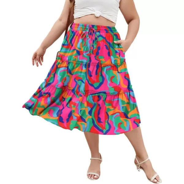 LALAGEN Womens Plus Size Boho Midi Skirt Elastic High Waist Summer Flowy A Line Long Midi Skirt with PocketsAbstract Print