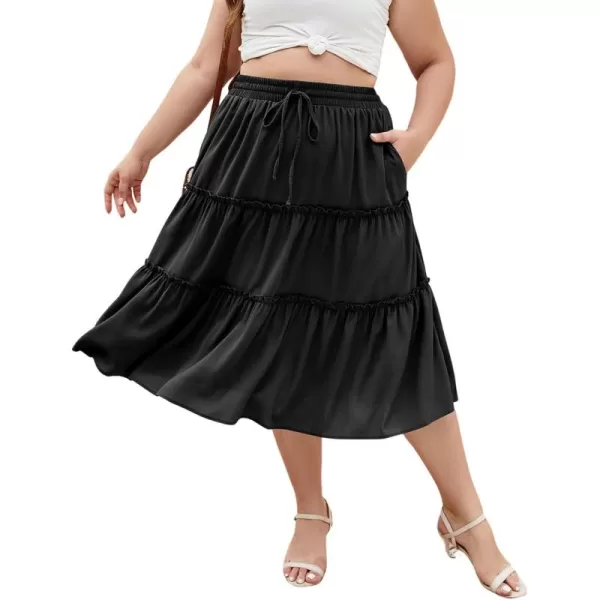 LALAGEN Womens Plus Size Boho Midi Skirt Elastic High Waist Summer Flowy A Line Long Midi Skirt with PocketsBlack