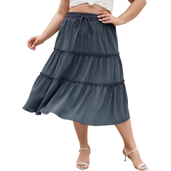 LALAGEN Womens Plus Size Boho Midi Skirt Elastic High Waist Summer Flowy A Line Long Midi Skirt with PocketsBlue