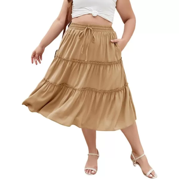 LALAGEN Womens Plus Size Boho Midi Skirt Elastic High Waist Summer Flowy A Line Long Midi Skirt with PocketsKhaki