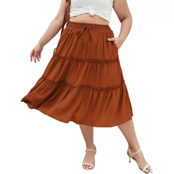 LALAGEN Womens Plus Size Boho Midi Skirt Elastic High Waist Summer Flowy A Line Long Midi Skirt with PocketsOrange