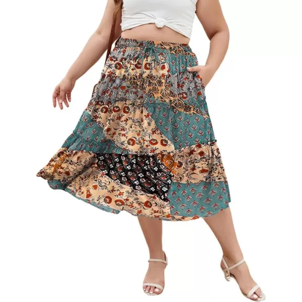 LALAGEN Womens Plus Size Boho Midi Skirt Elastic High Waist Summer Flowy A Line Long Midi Skirt with PocketsSplice Floral