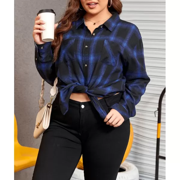 imageLALAGEN Plus Size Flannel Shirts for Women 2024 Oversized Boyfriend Plaid Shirt Casual Long Sleeve Button Down Tops BlouseBlack Blue