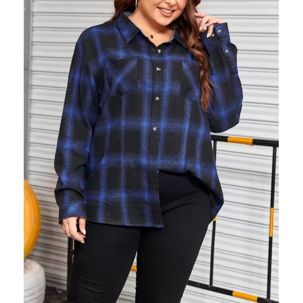 imageLALAGEN Plus Size Flannel Shirts for Women 2024 Oversized Boyfriend Plaid Shirt Casual Long Sleeve Button Down Tops BlouseBlack Blue