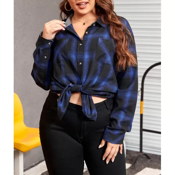 imageLALAGEN Plus Size Flannel Shirts for Women 2024 Oversized Boyfriend Plaid Shirt Casual Long Sleeve Button Down Tops BlouseBlack Blue