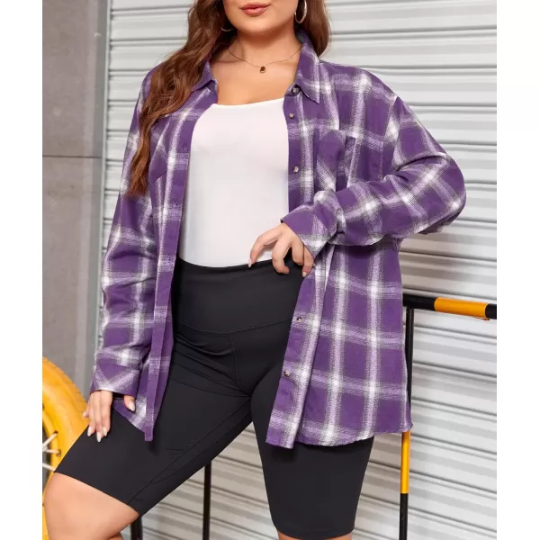 imageLALAGEN Plus Size Flannel Shirts for Women 2024 Oversized Boyfriend Plaid Shirt Casual Long Sleeve Button Down Tops BlousePurple White