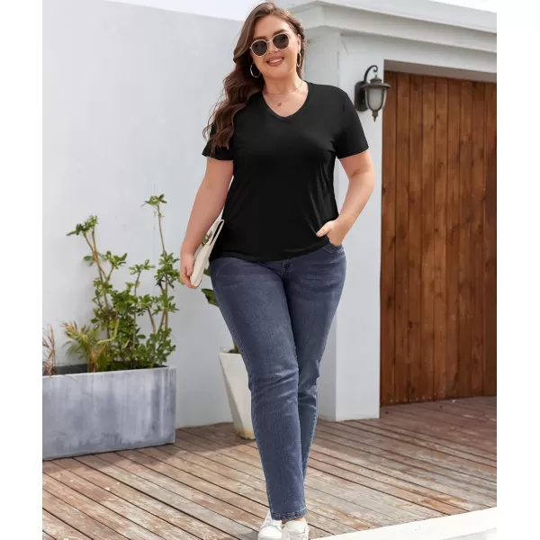 imageLALAGEN Plus Size Short Sleeve V Neck T Shirts for Women Casual Summer Tshirts Basic Tunic Tops Loose Fit TeeBlack