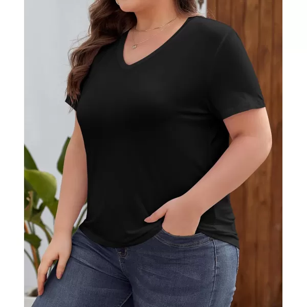 imageLALAGEN Plus Size Short Sleeve V Neck T Shirts for Women Casual Summer Tshirts Basic Tunic Tops Loose Fit TeeBlack