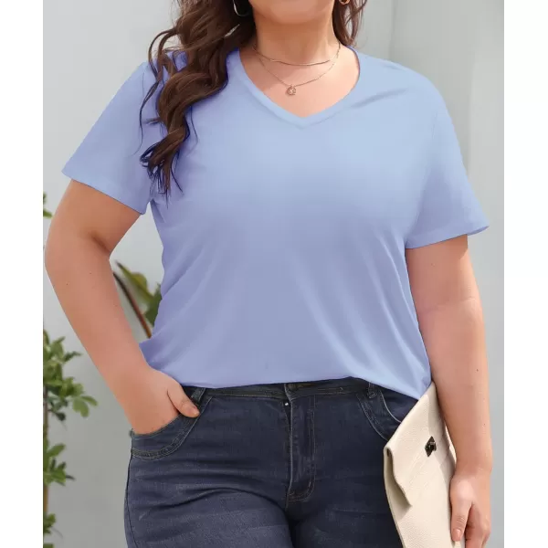 imageLALAGEN Plus Size Short Sleeve V Neck T Shirts for Women Casual Summer Tshirts Basic Tunic Tops Loose Fit TeeLight Blue