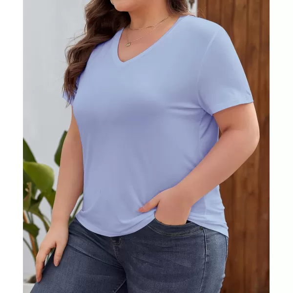 imageLALAGEN Plus Size Short Sleeve V Neck T Shirts for Women Casual Summer Tshirts Basic Tunic Tops Loose Fit TeeLight Blue