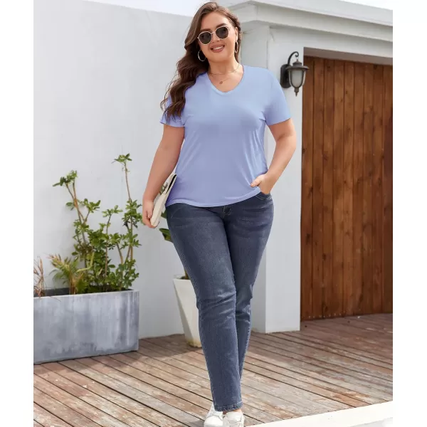 imageLALAGEN Plus Size Short Sleeve V Neck T Shirts for Women Casual Summer Tshirts Basic Tunic Tops Loose Fit TeeLight Blue