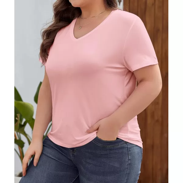 imageLALAGEN Plus Size Short Sleeve V Neck T Shirts for Women Casual Summer Tshirts Basic Tunic Tops Loose Fit TeePink