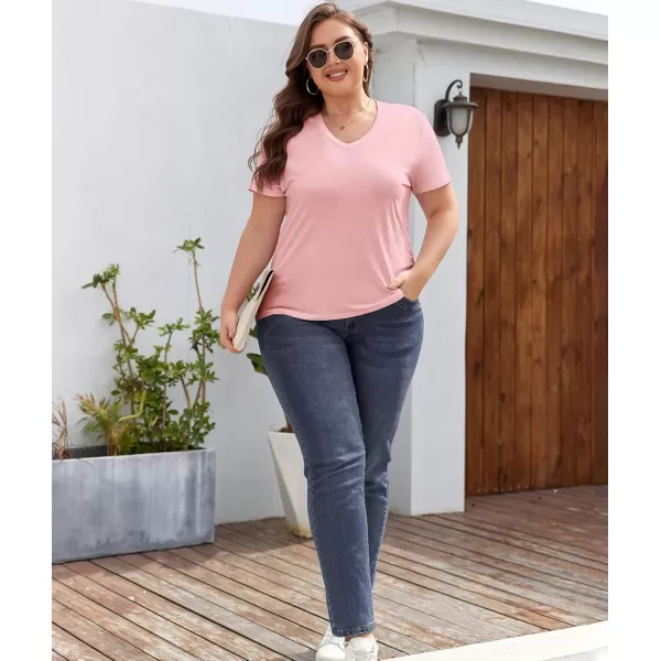 imageLALAGEN Plus Size Short Sleeve V Neck T Shirts for Women Casual Summer Tshirts Basic Tunic Tops Loose Fit TeePink