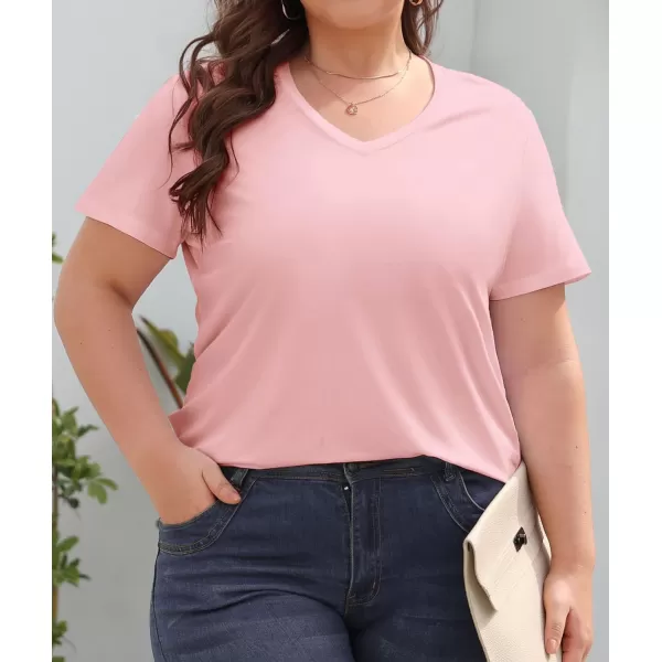 imageLALAGEN Plus Size Short Sleeve V Neck T Shirts for Women Casual Summer Tshirts Basic Tunic Tops Loose Fit TeePink