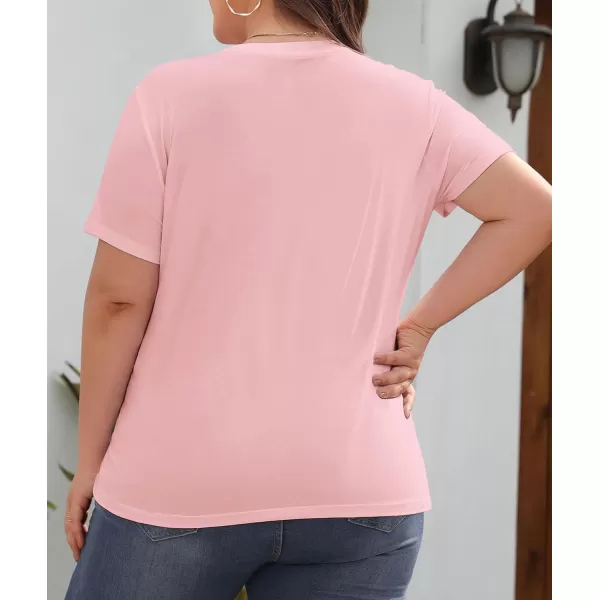 imageLALAGEN Plus Size Short Sleeve V Neck T Shirts for Women Casual Summer Tshirts Basic Tunic Tops Loose Fit TeePink