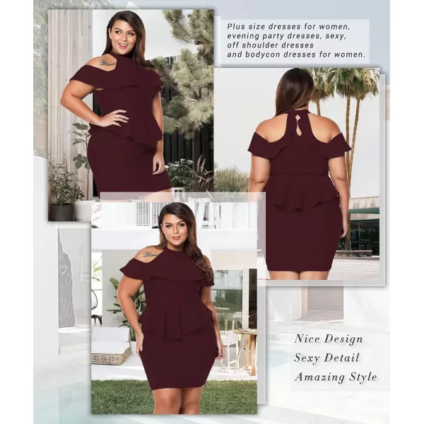 imageLALAGEN Womens Plus Size Cold Shoulder Peplum Dress Bodycon Party DressesDeep Wine