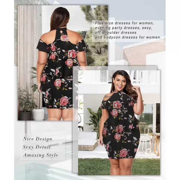 imageLALAGEN Womens Plus Size Cold Shoulder Peplum Dress Bodycon Party DressesFlower Pink Rose