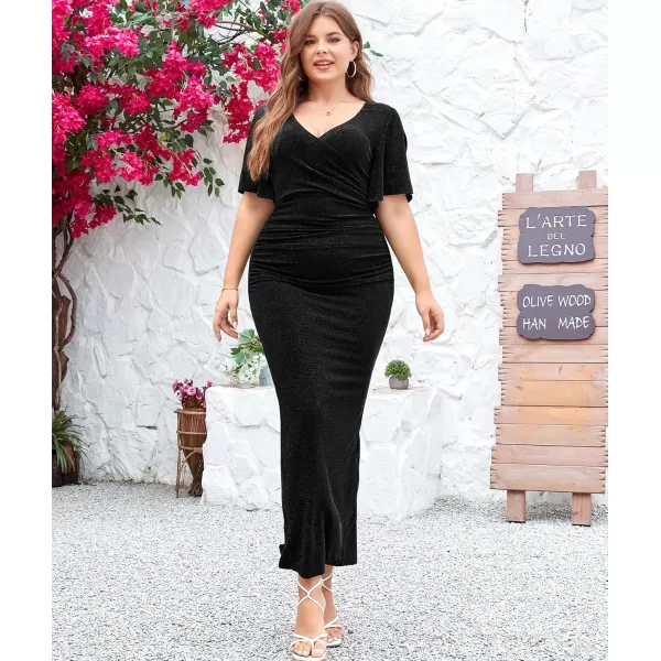 imageLALAGEN Womens Plus Size Glitter Wedding Guest Bodycon Maxi Dresses Short Sleeve V Neck Ruched Slit Cocktail Party DressBlack