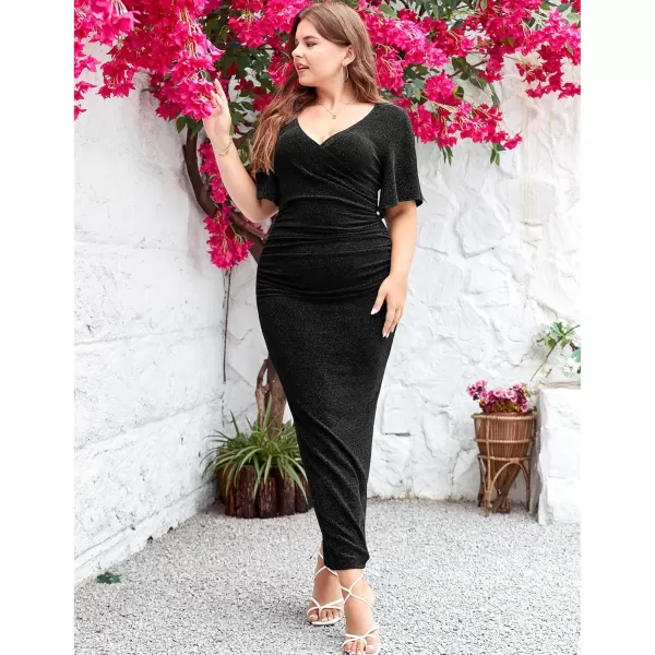 imageLALAGEN Womens Plus Size Glitter Wedding Guest Bodycon Maxi Dresses Short Sleeve V Neck Ruched Slit Cocktail Party DressBlack