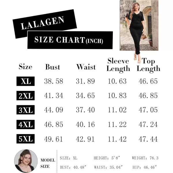 imageLALAGEN Womens Plus Size Glitter Wedding Guest Bodycon Maxi Dresses Short Sleeve V Neck Ruched Slit Cocktail Party DressBlack