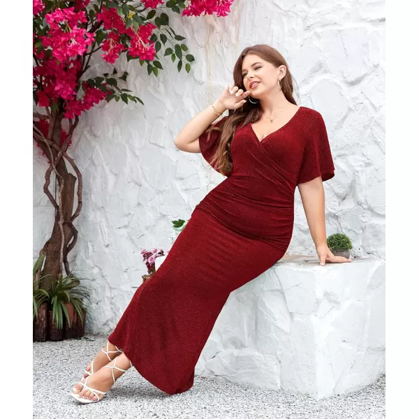 imageLALAGEN Womens Plus Size Glitter Wedding Guest Bodycon Maxi Dresses Short Sleeve V Neck Ruched Slit Cocktail Party DressWine