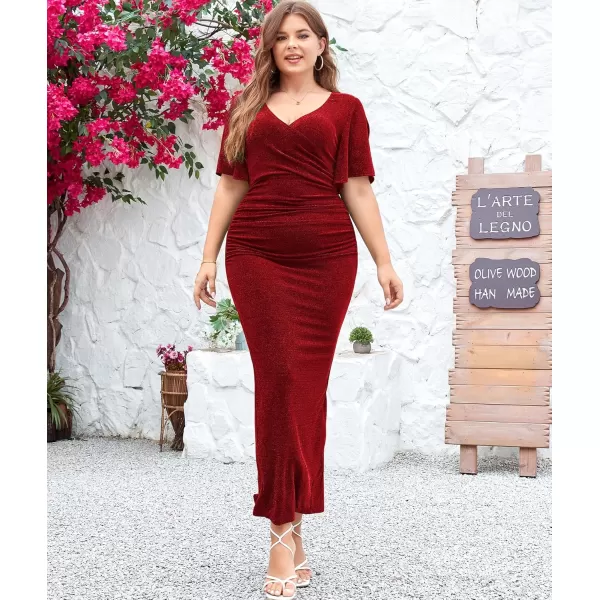 imageLALAGEN Womens Plus Size Glitter Wedding Guest Bodycon Maxi Dresses Short Sleeve V Neck Ruched Slit Cocktail Party DressWine