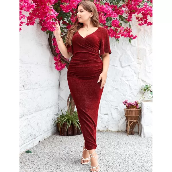 imageLALAGEN Womens Plus Size Glitter Wedding Guest Bodycon Maxi Dresses Short Sleeve V Neck Ruched Slit Cocktail Party DressWine