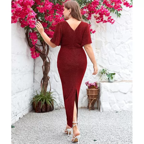 imageLALAGEN Womens Plus Size Glitter Wedding Guest Bodycon Maxi Dresses Short Sleeve V Neck Ruched Slit Cocktail Party DressWine