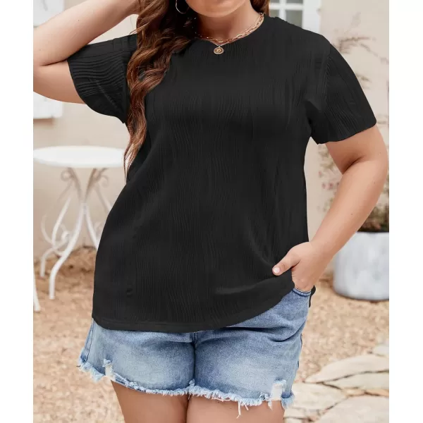 imageLALAGEN Womens Plus Size Work Tops Summer Crew Neck Short Sleeve Textured Tunic Business Casual T Shirt Basic Top BlouseBlack