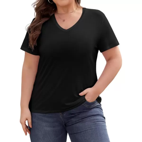 imageLALAGEN Plus Size Short Sleeve V Neck T Shirts for Women Casual Summer Tshirts Basic Tunic Tops Loose Fit TeeBlack