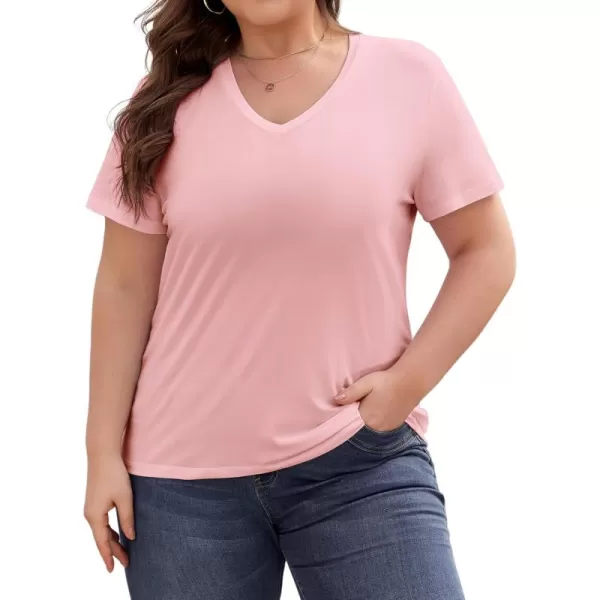 imageLALAGEN Plus Size Short Sleeve V Neck T Shirts for Women Casual Summer Tshirts Basic Tunic Tops Loose Fit TeePink