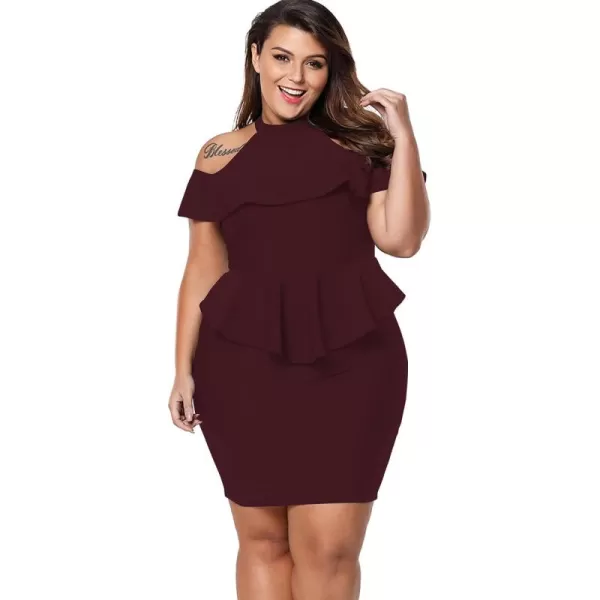 imageLALAGEN Womens Plus Size Cold Shoulder Peplum Dress Bodycon Party DressesDeep Wine