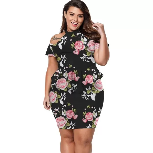 imageLALAGEN Womens Plus Size Cold Shoulder Peplum Dress Bodycon Party DressesFlower Pink Rose